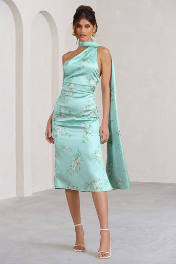 Madame Mint Green Floral Print Satin Asymmetric Scarf Neck Backless Midi Dress